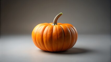 A single, vibrant orange pumpkin sits on a reflective surface with a soft, gradient background