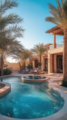 Fototapeta premium Opulent Desert Oasis: Serene Swimming Pool, Hot Tub, and Stone Villa with Palm Trees