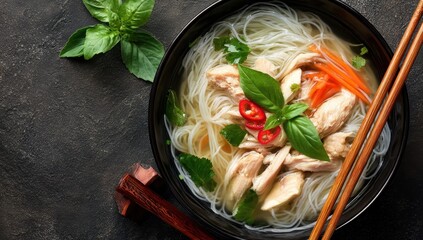 Bowl of chicken noodle soup with fresh herbs