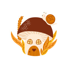 Cute vector illustration of a fairytale mushroom forest house nestled. Perfect for childrens designs, storybooks, or fantasy clipart