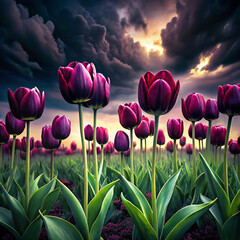 a field of tulips against the backdrop of a gloomy sky