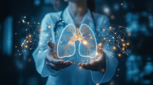 Futuristic network lungs in doctor hands image with digital overlay. Female pulmonologist presents respiratory technology photography conceptual composite. Pulmonology concept photo
