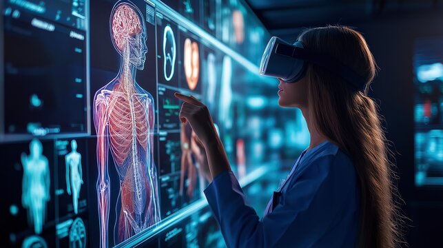 Female doctor using VR headset for medical anatomy study image. Medical professional analyzing anatomical interface photography scene photorealistic. Futuristic training lab concept - Powered by Adobe