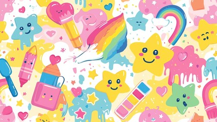 Naklejka premium Smiley Drawing Supplies Pattern with Heart Doodles and Colorful Paint