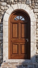 Ornate Wooden Door with Arched Transom Set in Textured Stone Wall