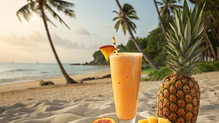 A refreshing tropical cocktail with fruit and a straw rests on the sand of a sunny beach by the ocean