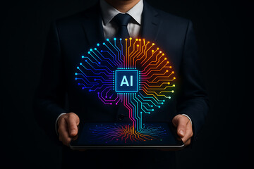 Businessman holding tablet with colorful ai brain circuit, artificial intelligence and technology innovation concept for digital transformation