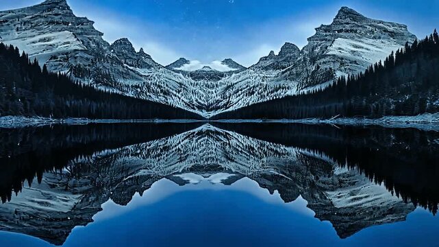 Snow-covered mountains reflect in a serene lake, creating a picturesque winter landscape