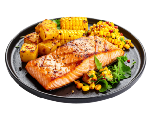 Grilled Salmon with Mango Salsa, Grilled Corn, and Cajun Spiced Potato Cubes