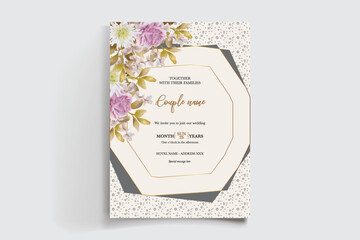 WEDDING INVITATION FRAME WITH FLOWER DECORATIONS AND FRESH LEAVES