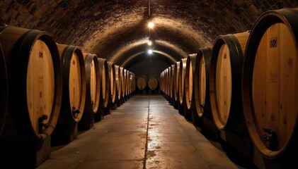 Rows of neatly stacked wooden wine barrels in a cool, dark harvest cellar, ready for aging The air is thick with the scent of fermenting grapes and oak , grapes, scent, stacks