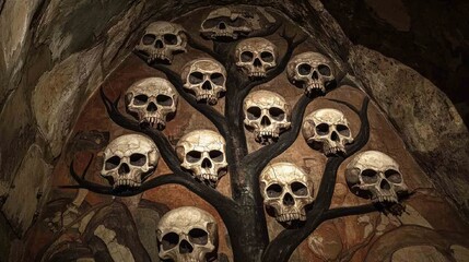 Evolutionary tree with twelve branches ending in anteater skulls against cave art.