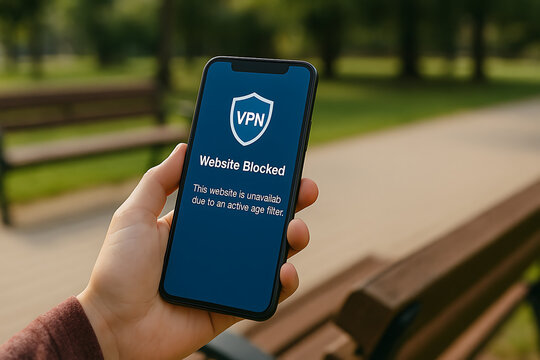 Hand Holding Smartphone Displaying Website Blocked Message Due to Age Filter