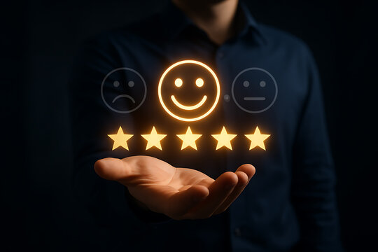 Businessman presenting five star rating and happy face, customer satisfaction and positive feedback concept for quality service and review