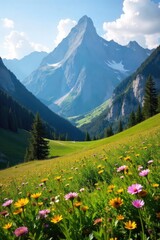 Serene alpine meadow nestled amongst towering peaks, wildflowers in bloom, bathed in golden sunlight Breathtaking vista of untouched nature , mountains, sunlight, alpine meadow