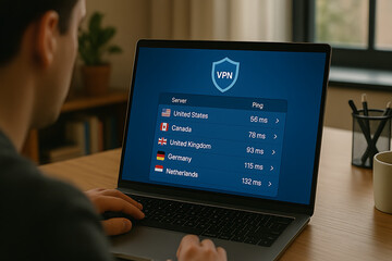 Man Choosing VPN Server Location and Ping on Laptop Screen