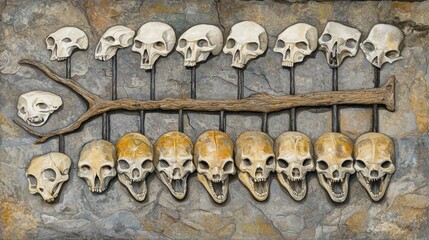 Evolutionary tree with twelve branches ending in anteater skulls against cave art.
