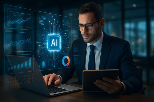 Businessman using laptop and tablet with ai hologram interface, artificial intelligence technology in business analytics