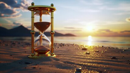 Hourglass on a glowing sunset beach as sand falls and dusk deepens, tranquil and poetic 8s animation - Powered by Adobe