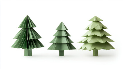 3 origami-style paper fir trees. Isolated on pure white background. 3d illustration.