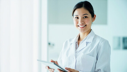 Doctor smiling and holding tablet in modern medical office, Female doctor in lab coat with tablet, Medical professional smiling in healthcare clinic

