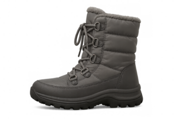 Stylish gray winter boot with laces and a thick sole, perfect for snowy weather, isolated on a transparent background