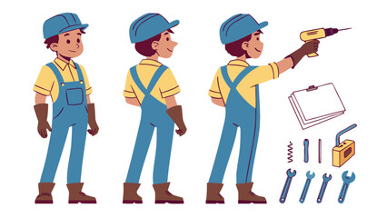 Skilled male worker with tools and blueprints construction worker handyman