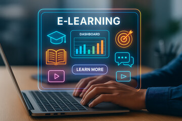 E-learning dashboard on laptop with colorful icons, online education and digital learning technology, modern study concept