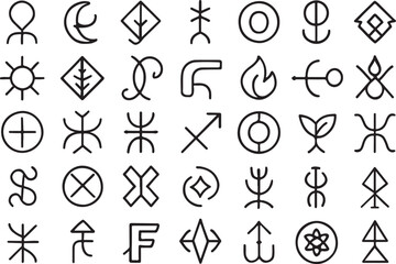 Abstract symbols moon sun fire plant anchor and geometric shapes graphic line art
