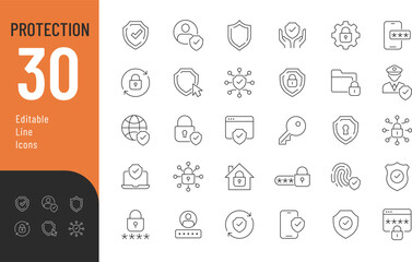 Naklejka na ściany i meble Protection Editable Icons set. Vector illustration in modern thin line style of security related icons: shield, lock, guard, and more. Isolated on transparent background.