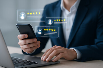 Hand holding phone with virtual review interface, submitting five star ratings and feedback for business reputation and customer satisfaction