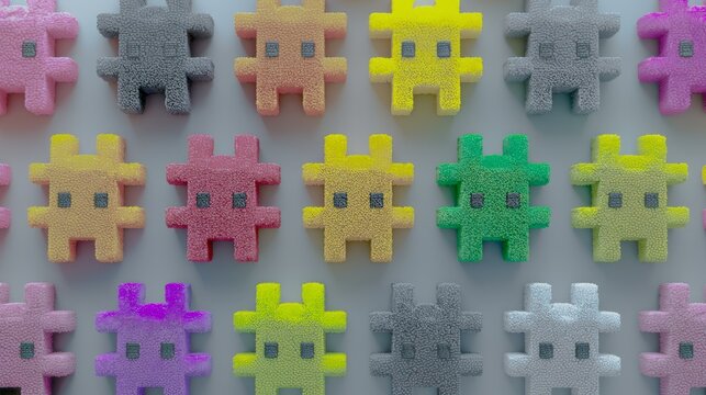 A row of colorful plastic cubes with a green one in the middle. The cubes are all different colors and sizes