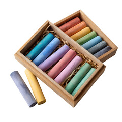 Box of colored chalk isoleted on transparent background .