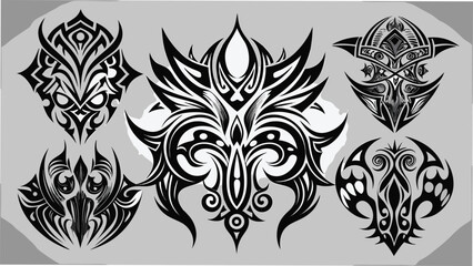 Set of six intricate black and white tribal vector designs with a decorative and ornamental pattern suitable for tattoo and design projects