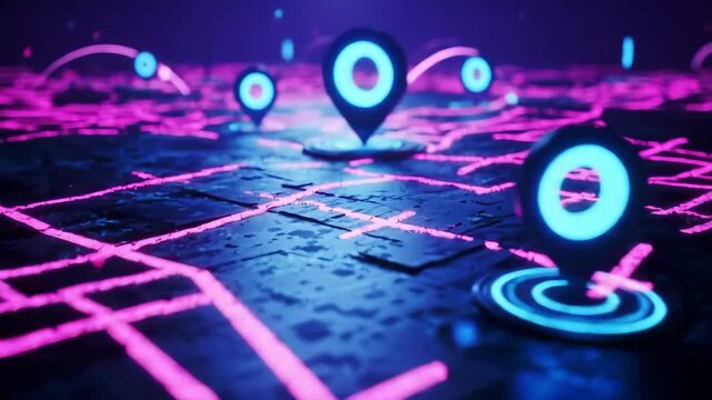 Futuristic neon city map with glowing pins and animated data pulses, cyberpunk digital navigation