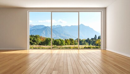 Fototapeta premium Modern and minimalist empty room with a wooden floor and a large window showing a beautiful mountain landscape view.