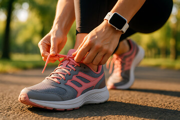 Woman tying running shoes with smartwatch, fitness, exercise, healthy lifestyle, outdoor activity, and sports motivation in the morning
