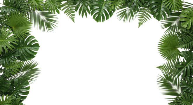 Lush green tropical foliage, including palm fronds and monstera leaves, vibrantly framing a transparent background with vast copy space in a high-key studio shot, no shadows. Concept of tropical