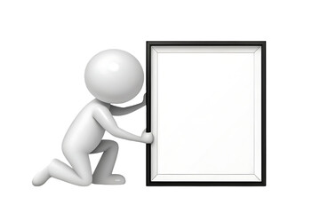 White 3d man character kneeling and presenting a blank white board