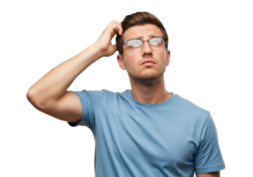 Young caucasian man in light blue t-shirt, clear eyeglasses, scratching head, looking thoughtfully up on transparent studio background with copy space. Bright diffused studio lighting, 3/4 view, UHD - Powered by Adobe