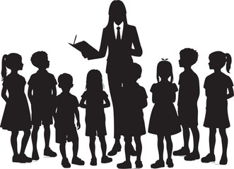Teacher and Kids Silhouette Vector Illustration


