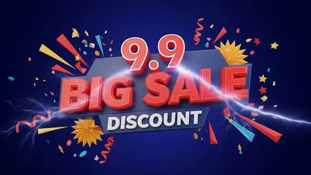 Vibrant 3D rendering advertising a "9.9 Big Sale Discount" event with dynamic design.
