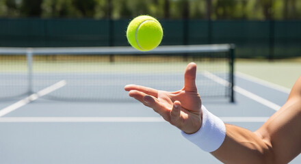 Close-up of a tennis player's hand tossing a yellow ball into the air to serve on an outdoor court