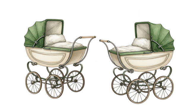 Two vintage antique baby prams or strollers with green canopies facing each other isolated on transparent background
