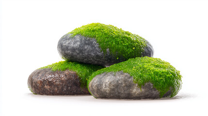  smooth underwater stones, slightly wet and naturally rounded, covered partially with soft green sea moss, placed on a clean white background, isolated