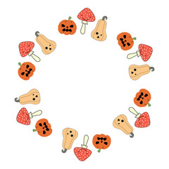 Wreaths for Halloween celebration with cute fly mushrooms and orange pumpkin Vector holiday illustration Decor for October 31st