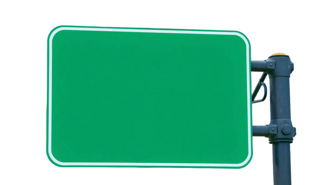 Blank green highway sign mounted on metal support isolated on transparent background