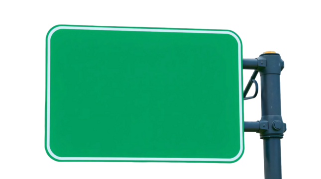 Blank green highway sign mounted on metal support isolated on transparent background