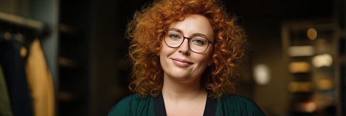 Smiling woman with curly red hair and glasses in a green outfit
