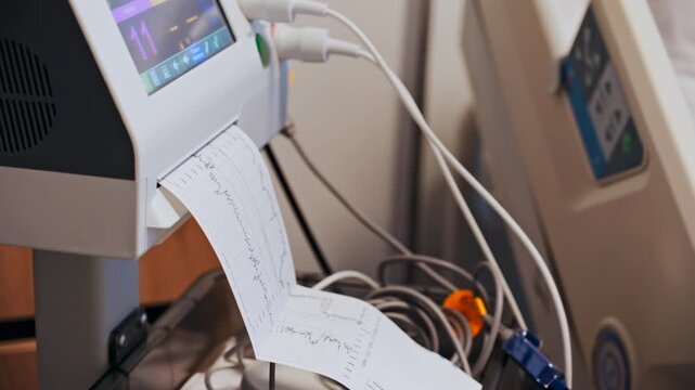 Close-up of a fetal monitor in a doctor's office, displaying fetal heart rate and uterine contraction data during a prenatal check-up